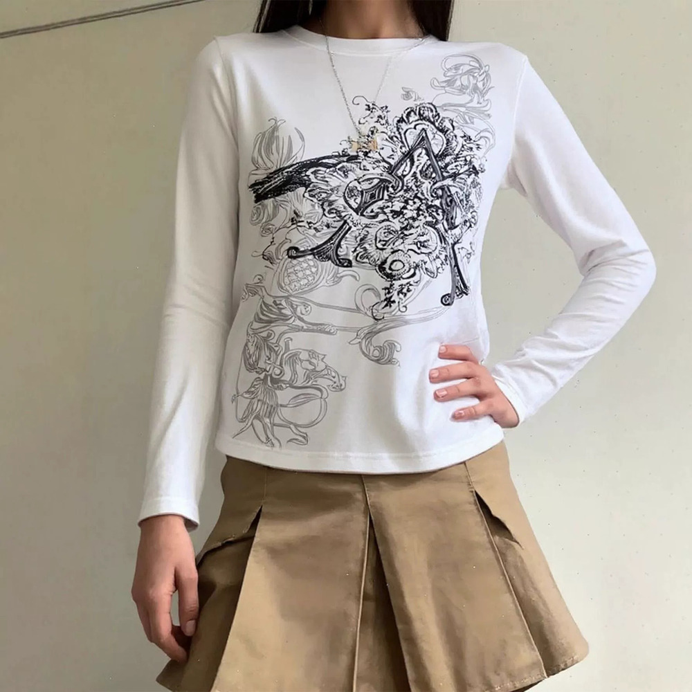 ZARA Retro Print Slim Fit Long Sleeve Tee Women Crew Neck Streetwear Base Layer